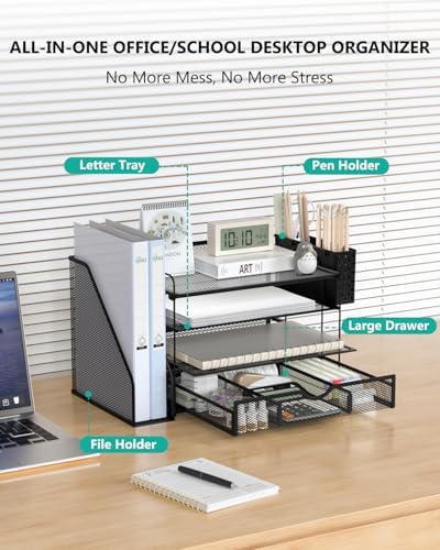 WALI Desk File Organizer, 4 Tier Desktop Paper Letter Tray Organizer with Drawer and 2 Pen Holders, Office Desk Accessories & Workspace Organizers for Office, Home Supplies(DO005DH-2B), 2 Packs, Black - Image 2