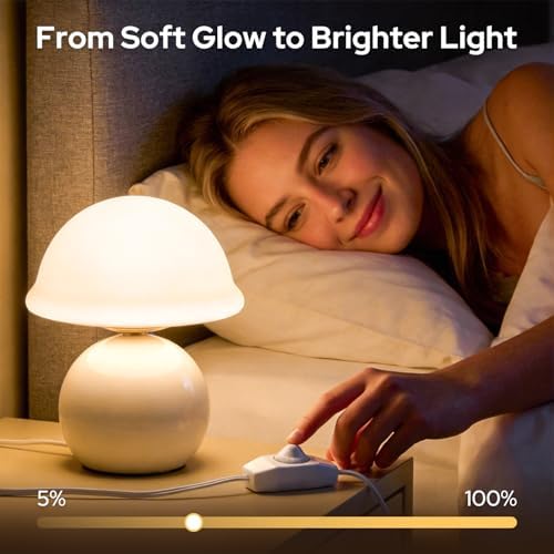 Glass Mushroom Lamp, Dimmable Bedside Table Lamp (White) - Image 3