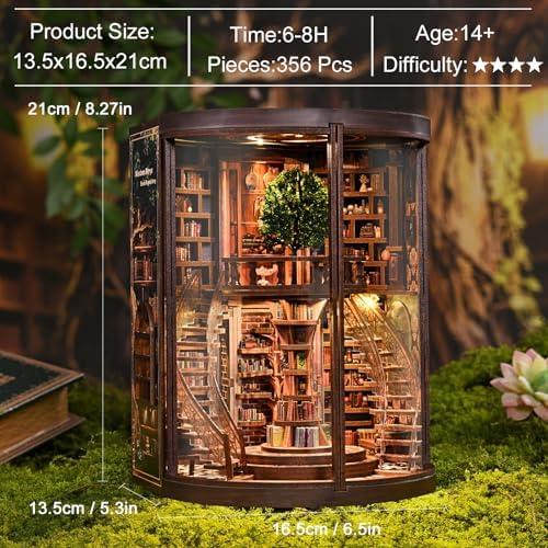 Premium Book Nook Kit, Tree Ring Nature Library Wooden Bookend with LED Lights, Detailed Forest Style 3D Diorama, Minimalist Literary Home Decor, Aesthetic Collectible Craft Gift for Adults Teens 14+ - Image 4