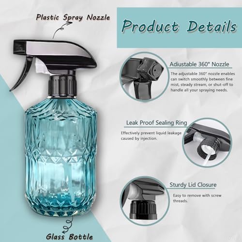 Glass Water Spray Bottle, 15oz Blue, Adjustable Nozzle, 2PCS - Image 2