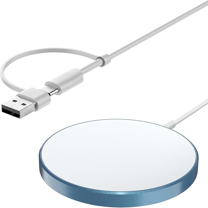 for MagSafe Charger 15W Magnetic Wireless Charging Pad for iPhone 17 16 15 14 13 12 Air Pro Max Plus mini/AirPods 2 3 Pro, Slim Portable Strong Magnet Quick Charger, USB-C/A Ports, Blue