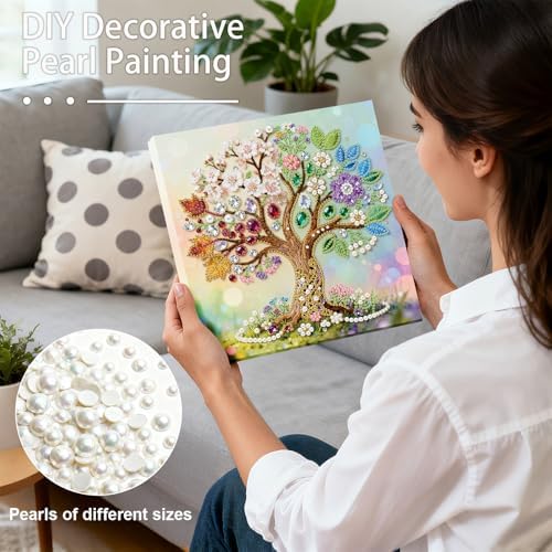 ARTopet DIY Pearl Painting Kit with Frame Gemstone Pearl Diamond Dots Beads Canvas Art Craft for Adult Beginners Display for Tabletop and Wall Mounting Home Decor-Tree - Image 4