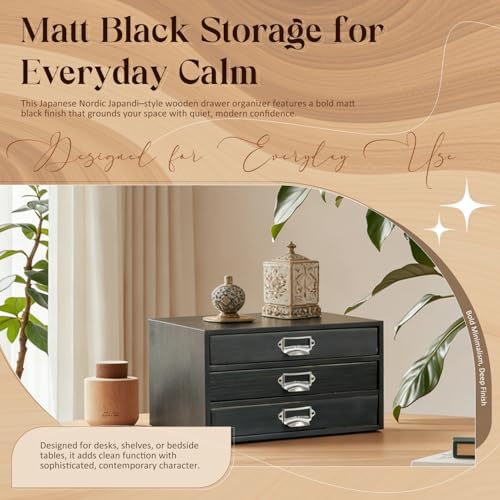 Stackable Modular Desktop Drawer Organizer, Solid Wood 3-Drawer Storage Unit with Label Pull Handles, Matte Black Japandi Style, Expandable by Adding More Units for Clutter-Free Spaces - Image 7