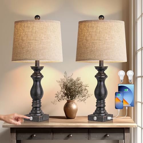 24.5" Table Lamp Set of 2, Rustic Farmhouse Bedside Lamps with USB A+C Charging Ports, 3-Way Dimmable Touch Control Nightstand Lamps for Living Room Bedroom, Antique Black, LED Bulbs Included by PARTPHONER