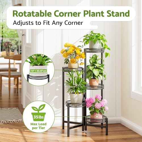 Plant Stand Indoor Outdoor, 5 Tier Corner Metal Flower Display Holder Stand, Folding Tall Plant Rack for Patio Balcony Porch Garden Living Room House, Heavy Duty Wrought Iron Plant Shelf - BlackFlower - Image 2