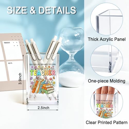 Teach Them Love Them Watch Them Acrylic Cosmetic Pencil Holder Cup, Floral Books Pen Holder for Home Office Desk Accessories for Teacher, Pen Organizer, Marker Holder, Funny Teacher Work Gifts - Image 2
