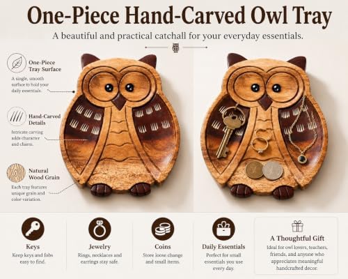 Hand Carved Owl Tray, Wooden Catchall for Keys and Jewelry - Image 2