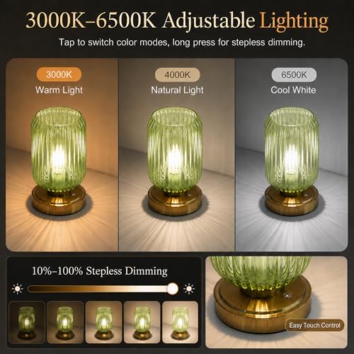 Cordless Glass Table Lamp, 3 Color Modes & Stepless Dimming, Green - Image 3