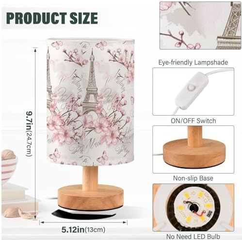 French Eiffel Tower Pink Blossom Table Lamp for Bedroom USB Port Lamps Small Accent Table Lamp Nightstand Lamp Study Linen Shade with Wooden Base, Decorative Lamps for Bedside Reading|Kids|Dorm|Home - Image 4