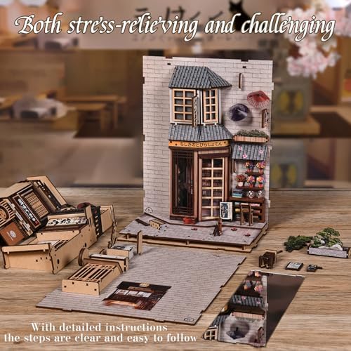Premium Book Nook Kit, Warm Cat Alley Street View Wooden Bookend with LED Lights, Detailed Pet Theme 3D Diorama, Cozy Home Decor Craft Gift for Cat Lovers & Adults 14+ - Image 5
