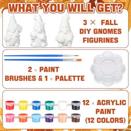 Youyole 3 Pack Fall Ready to Paint Your Own Gnome Statues, 4 Mini Blank Ceramics Unpainted Gnome Figurines Craft DIY Art with Brush Palette Paint for Adults - Image 3