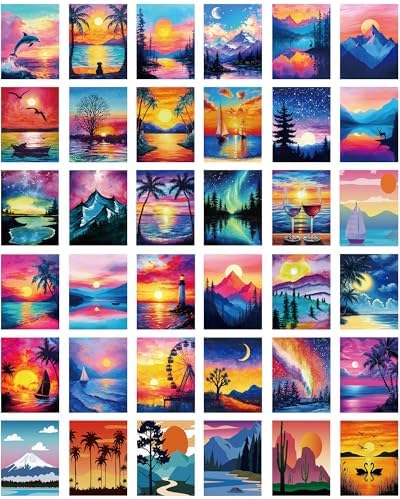 Sherr 36 Pcs Pre Drawn Canvas Painting Kits for Adults Cute Printed to Paint Set 8" x 10" Stretched Panels Sunset Landscape Theme Painting for DIY Art Sunmmer Date Night Party Favor by Sherr