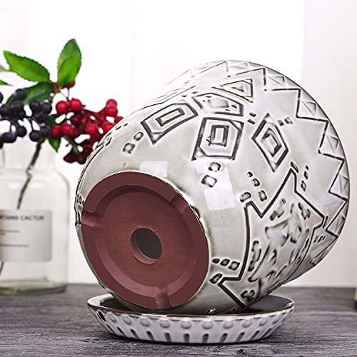 VanEnjoy 5.9 inch Round Bohemian Style Ceramic Planter, Geometry Engrave Off White Brown Succulent Planter Flower Pot, Indoor Outdoor Decorative Planter - Image 4