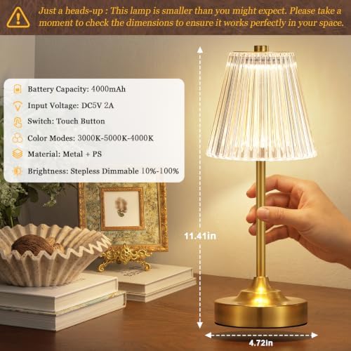 Kakanuo Gold Cordless Rechargeable Table Lamp, Touch Battery Powered Lamp, 3 Color Modes, Crystal Acrylic Lampshade, Portable Ambient Night Light for Desk, Bedroom, Dining Room, Kitchen, Bar (2 Pack) - Image 3