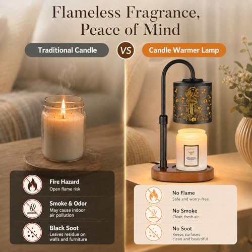 Dimmable Candle Warmer Lamp with Timer Adjustable Height for Scented Jar Candles Electric Candle Wax Melt Warmer for Home Decor Christmas Birthday Gifts for Women Mom(Mushrooms+Bees) - Image 2
