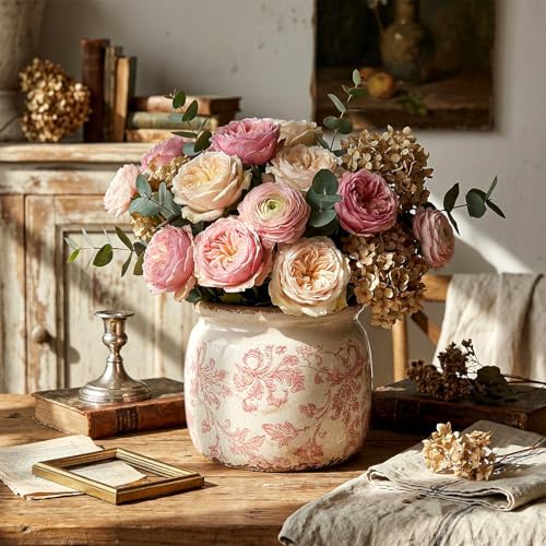 5.9'' Vintage Ceramic Planter, Ice Crack Glaze Pink Floral Pot - Image 6