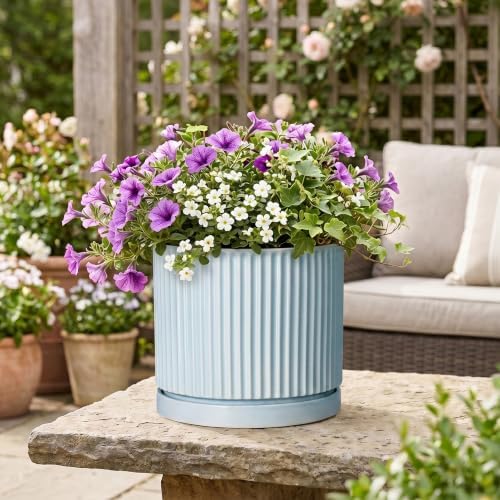 10 Inch Plant Pot, Ceramic Pots for Plants with Tray, Light Blue - Image 5