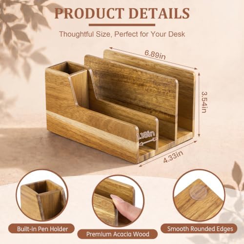 Novabright Acacia Wood Mail Organizer with Pen Holder, 4 Slot Desk File Organizer, Wooden Letter Sorter for Desk, Compact Desktop Document Holder for Home Office Storage Back to School - Image 2