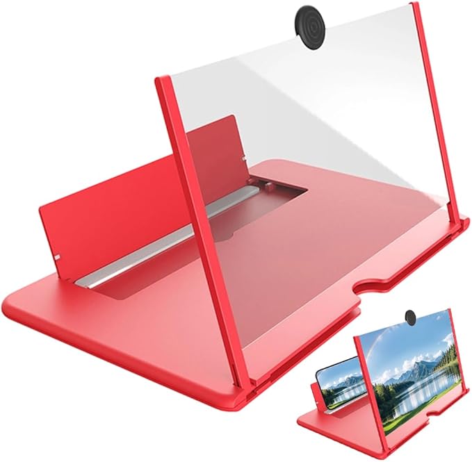 Mobile Phone Magnifier Screen, 3D HD Magnifying Projector Screen Enlarger for Movies Videos and Gaming, Foldable Phone Stand with Screen Amplifier, Compatible with All Smartphones (Red, 12inch)