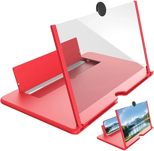 Mobile Phone Magnifier Screen, 3D HD Magnifying Projector Screen Enlarger for Movies Videos and Gaming, Foldable Phone Stand with Screen Amplifier, Compatible with All Smartphones (Red, 12inch)