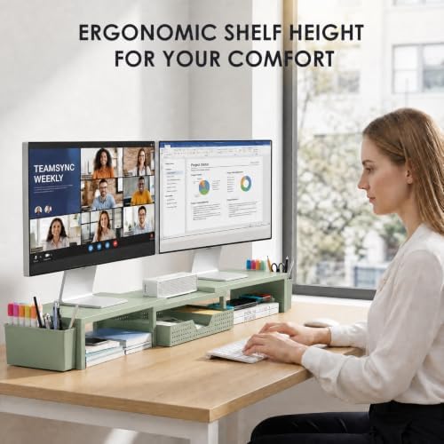 OPNICE Desk Organizers and Accessories, Dual Monitor Stand Riser with Drawer and 2 Pen Holders, Desk Shelf Printer Stand for Office Workspace Organizers, Desktop Organization (Sage Green) - Image 2