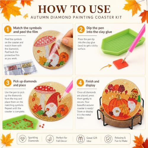 Demonwer 8 Pieces Fall Gnome Diamond Coasters with Holder DIY Cute Fall Gnome Diamond Art Coasters 5d Autumn Gnome Diamond Coasters for Beginners Adults for Fall Thanksgiving Day Gift - Image 4