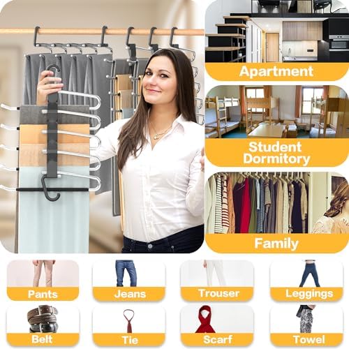 Pants Hangers Space Saving - 2 Pack Closet Organizer and Storage Jean Hangers, Stainless Steel Anti-Slip Clothes Hanger Scarf Holder for Pants Jeans Leggings Trousers Pant Rack, Black - Image 6