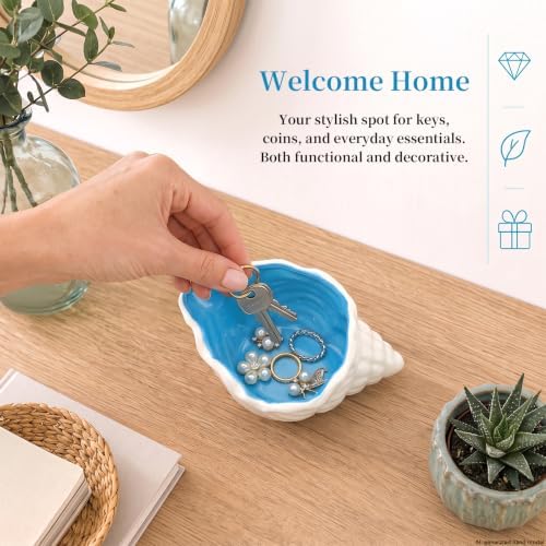 Conch Shell Jewelry Dish Ceramic, Blue Coastal Decor Jewelry Tray, Shell Trinket Dish for Rings Earrings, Ocean Themed Vanity Tray Jewelry Organizer for Bedroom Bathroom Desk, Gift for Women - Image 4