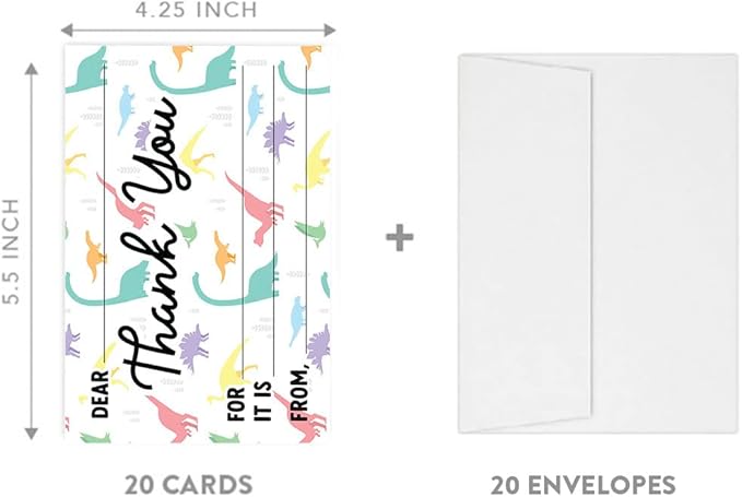 Andaz Press Kids Fill in the Blank Thank You Cards - 20 Cards Including Envelopes Colorful Dinosaur Fun Gender Neutral Note Cards For Boys or Girls, Thank You Notes for Friends, Family, Party Guests