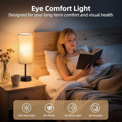 2PCS Table Lamp for Bedroom, Dimmable Touch, AC Outlet, USB A+C - Image 5