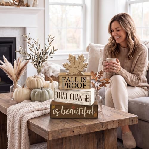 Moucuny 4 Pcs Fall Table Decoration for Home Wooden Neutral Maple Leaf - Image 5