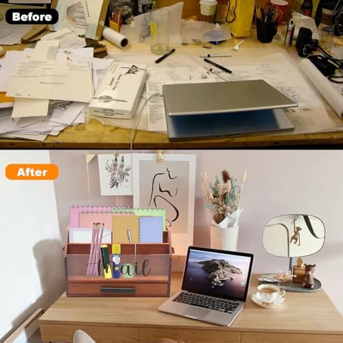 Wood Desk Organizer with Drawer, Bill Mail Organizer Countertop Workspace Organizers for Office Supplies Desk Organization Letter Holder - Image 5