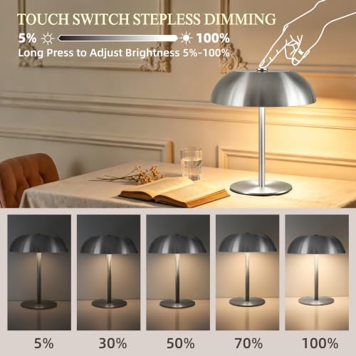 Portable LED Mushroom Table Lamp, 24H Cordless Metal Night Light with Rechargeable Battery, Stepless Dimmable 3 Colors Desk Lamp for Bedroom Bar Coffee Shop(Brushed Silver) - Image 3