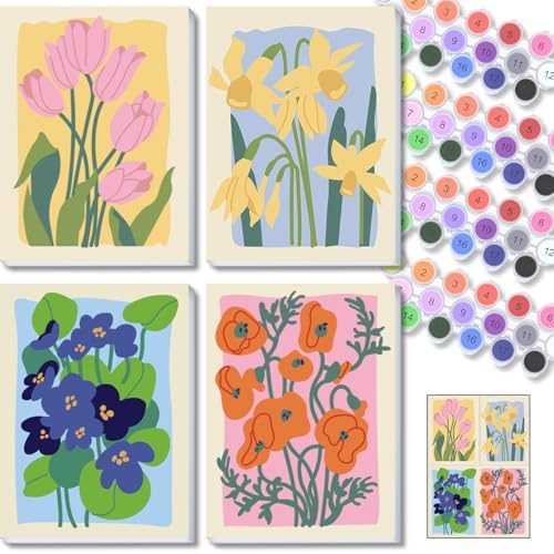 TONGZONGFU 4 Pack Framed Easy Paint by Numbers Kit for Adults Beginner,Easy Paint by Numbers Kit for Flower Small Paint by Number Kit for Kids Frame on Canvas for Home Decor 8x12 Inch by TONGZONGFUPaintbyNumber