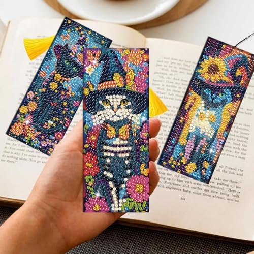 Puraikcmi 6 PCS 5D DIY Diamond Art Bookmarks Kit Cats Diamond Paintings Bookmarks Kits with Tassels Acrylic, Rhinestone Crafts Decoration Gift Set for Book Lovers Beginners & Adults - Image 2