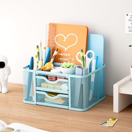 Marbrasse Mesh Desk Organizer, Pen Organizer with 2 Drawer, Multi-Functional Pencil Holder, Desk Organizers and Accessories with 5 Compartments + Drawer for Office Art Supplies (Blue) - Image 5