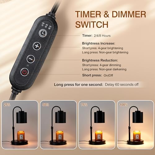 CASTLELIFE Dimmable Candle Warmer Lamp with Timer, Height Adjustable Candle Warmer for Jar Candles, Electric Wax Melt Warmer for Home Decor House Warming Gifts, Birthday Gifts for Women, Black - Image 3
