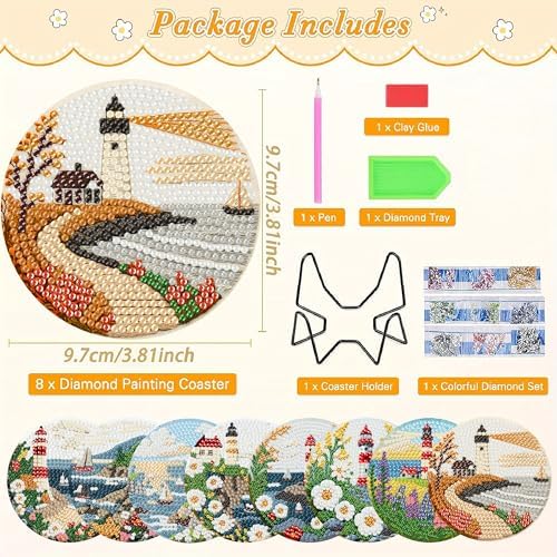 Clendo 8 Pcs Beach and Lighthouse Diamond Art Coasters Kits with Holder, Coast Diamond Painting Coasters Kits for Adults, DIY 5D Small Mini Diamonds Dots Kit Full Drill Art Craft Supplies 4X4 Inch - Image 3