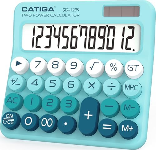 CATIGA Mechanical Switch Calculator with Solar and Battery Dual Power, 12-Digit Large LCD Display, Aesthetic and Cute Desktop Calculator with Big Button, for Home, School and Office Use, SD-1299 by CATIGA