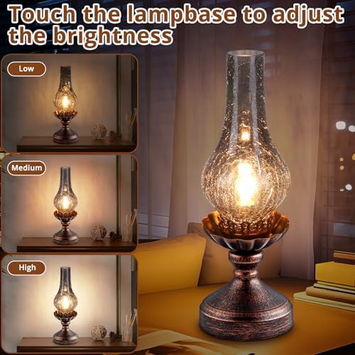 Vintage Table Lamp with Smoke Grey Crackle Glass Shade,Touch Control & 3-Way Dimmable Rustic Retro Farmhouse Bedside Lamp for Bedroom, Living Room, Cabin, Office (2700K LED Candle Bulb Included) - Image 2