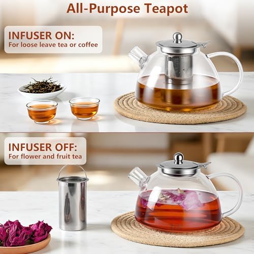 Ehugos Glass Teapot with Removable Infuser, 1300ml/44 oz Stovetop Safe Hand Crafted Clear tea kettle for Loose Leaf Tea, Hot/Iced Water, Juice Beverage - Image 5