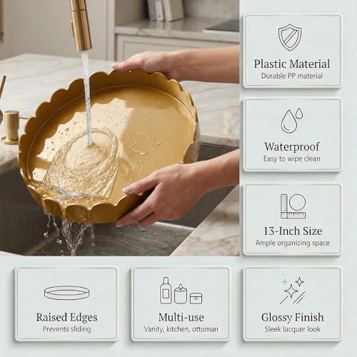 Gesodant 13" Round Scalloped Decorative Tray for Coffee Table Decor, Candle & Perfume Tray, Dining Table Centerpiece & Aromatherapy Candle Display, Modern Glossy Lacquer Look (Gold) - Image 4