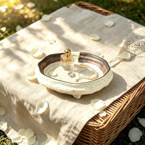 Ceramic Jewelry Dish, Speckled Volcano Glaze Trinket Tray, 4 Footed Rustic Ring Holder, Shallow Jewelry Organizer for Vanity Nightstand, Boho Minimalist Decorative Bowl for Rings Earrings Necklaces - Image 2