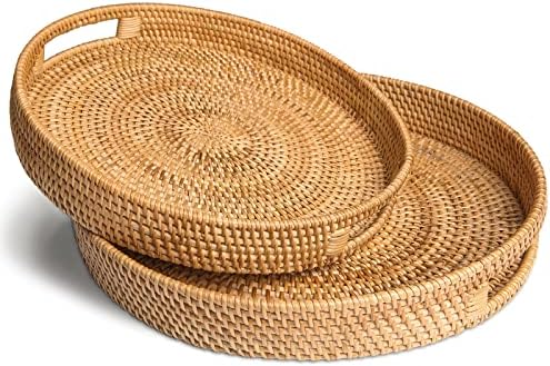 HITOMEN Hand-Woven Round Rattan Serving Tray Decorative Ottoman Wicker Platter with Handles for Coffee Table, Breakfast, Drinks, Snack, Bread, Fruit, Vegetables (Natural Set of 2: M+L) by HITOMEN