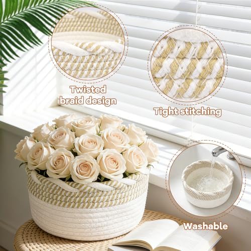 Small Cotton Rope Storage Basket, Boho Cotton Rope Storage Bins for Towel,Pet Kids Toy, Round Jute-Colored Woven Basket, Empty Gift Basket, 8 x 8 x 4 - Image 3
