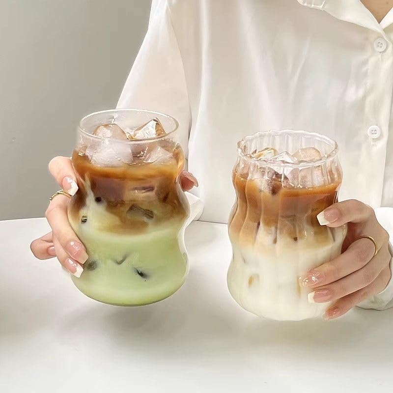 1pcs Vertical Stripe Drinking Glasses CupsGlass Tumbler, Ripple Glassware Coffee Cup, Cute Glass Tumbler for Iced Coffee Juice Drink Milk (yun) - Image 4