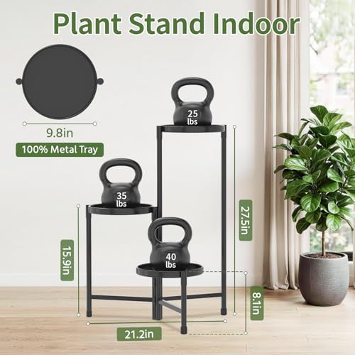 LASZOLA Plant Stand Indoor with 10 Inch Large Metal Tray, 3 Tier Black - Image 2