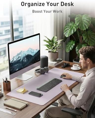 Aothia Faux Leather Desk Mat - Non-Slip PU Leather Desk Blotter, Waterproof Writing Surface, Large Desk Pad for Office & Home (Soft Lavender, 55" x 24") - Image 3