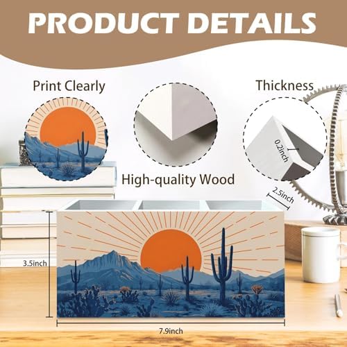DILSJ Western Boho Pen Pencil Holder Organizer for Desk, Boho Office Decor, Abstract Sunshine Western Desert Cactus Landscape Wooden Box Signs for Home Office Desk Tabletop Decoration - Image 7