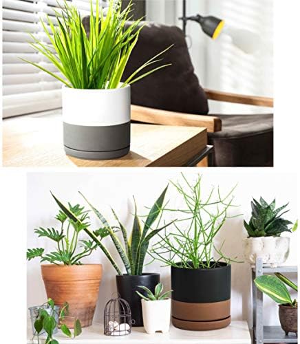 D'vine Dev Set of 2 Plants Pots, 6 Inch Ceramic Planter Pot for Plants with Drainage Hole and Saucer, White-Grey/Black-Tan, 94-V-C-C - Image 5